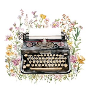 18 Vintage Floral Typewriter Clipart, Retro Typewriter, Wysokiej Jakości JPG, Cyfrowy Planer, Papierowe Rękodzieło, Dziennik Śmieci, Cyfrowe Pobieranie S396