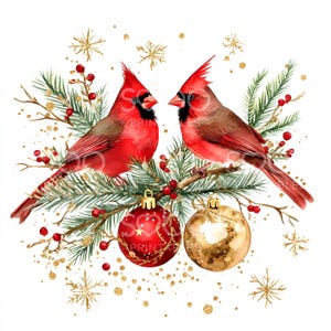 19 imágenes prediseñadas de cardenal rojo, adorno navideño dorado, tarjeta navideña en acuarela, JPG de alta calidad, descarga digital, diario basura de manualidades de papel S288