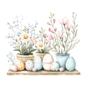 May include: Watercolor illustration of Easter eggs and potted flowers. The eggs are decorated with pastel colors and patterns. The flowers include daisies and pink blossoms. The arrangement is set on a wooden shelf.