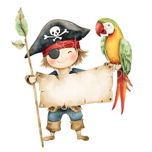 18 imágenes prediseñadas de niño pirata, pirata con pancarta, imágenes prediseñadas de acuarela imprimibles, archivos JPG de alta calidad, descarga digital, diario basura de manualidades de papel S267