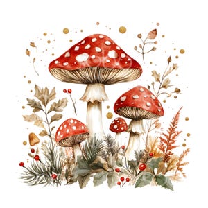 25 Xmas Mushrooms Clipart, Fly Agaric, Mushroom Printable Watercolor, High Quality JPGs, Digital Download, Paper Craft, Junk Journal U38
