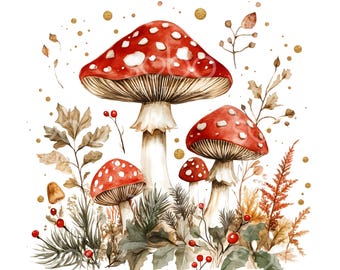 25 Xmas Mushrooms Clipart, Fly Agaric, Mushroom Printable Watercolor, High Quality JPGs, Digital Download, Paper Craft, Junk Journal U38