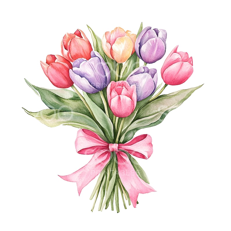 24 Tulips Bouquet Clipart, Cute Spring Floral Bouquet, Watercolor Art ...
