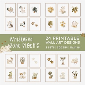 May include: Set of 24 printable wall art designs featuring whimsical illustrations of cats, plants, and paw prints in a boho style. The designs are perfect for adding a touch of whimsy to any room.