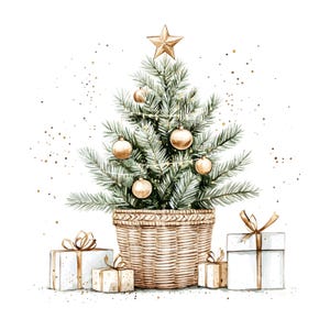 22 Clipart di alberi di Natale in vaso rustici, Natale Cottagecore, acquerello stampabile, JPG di alta qualità, download digitale, carta artigianale S325