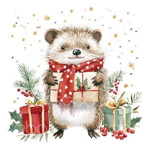 22 Clipart hérisson de Noël, hérisson mignon, carte de Noël aquarelle, JPG de haute qualité, téléchargement numérique, créations en papier, journal indésirable S349
