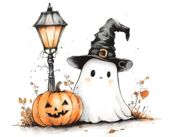 22 Cute Ghost Lamp Clipart, Cute Halloween Clipart, Printable Watercolor, High Quality JPGs, Digital Download, Paper Craft, Junk Journal U12