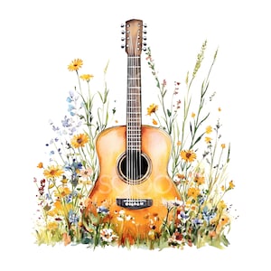 15 imágenes prediseñadas de guitarras florales, imágenes prediseñadas de flores silvestres y guitarras, archivos JPG de alta calidad, arte de acuarela, descarga digital, manualidades de papel, diario basura S578