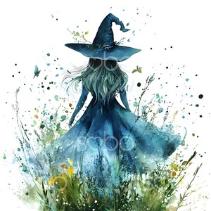 May include: A watercolour painting of a witch wearing a blue dress and a pointed black hat, walking through a field of green and blue wildflowers. The witch has long blue hair and is facing away from the viewer.