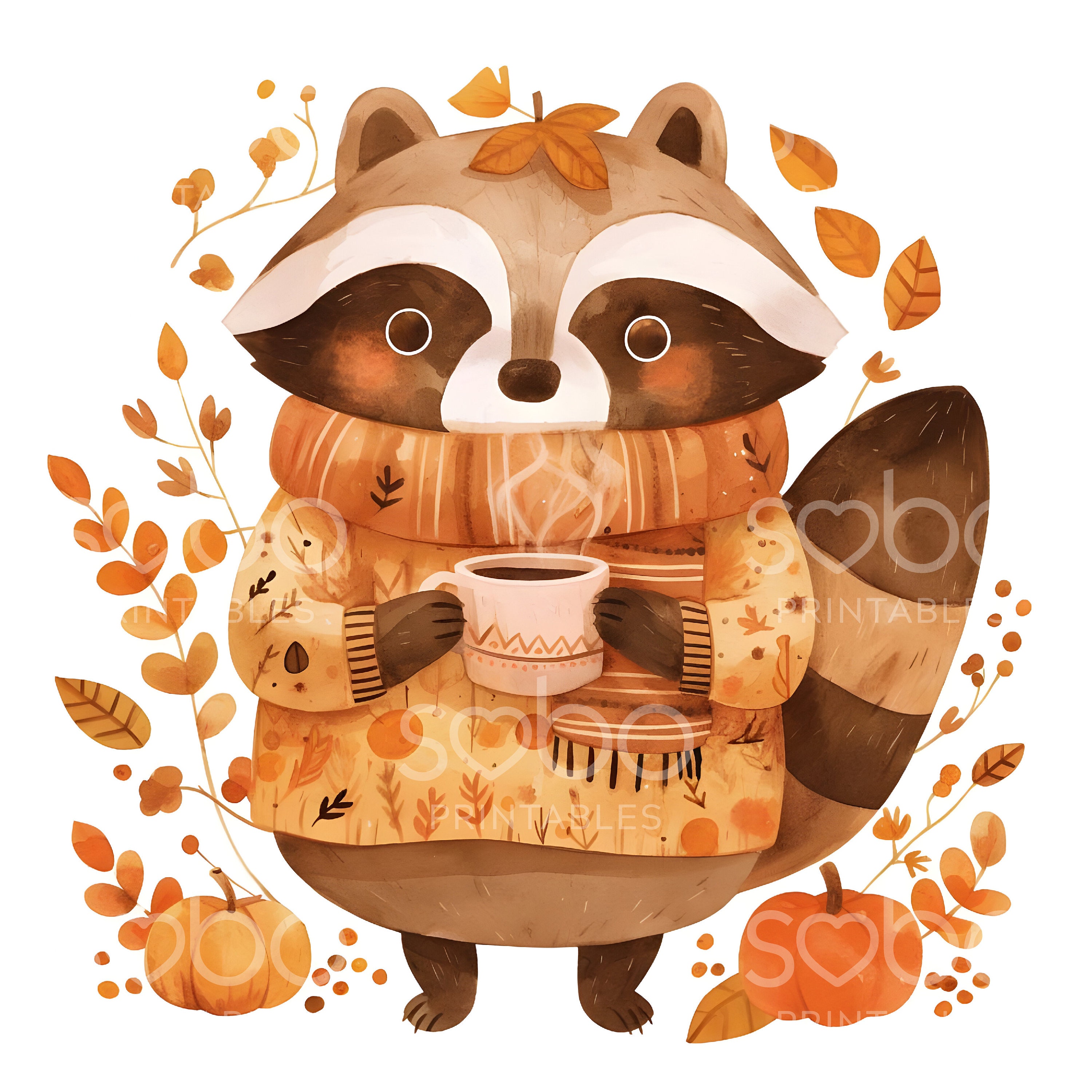 Cute Fall Raccoon Clipart - 11 High Quality Jpgs, Wall Art, Scrapbook ...