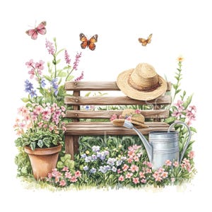 20 printemps banc des cliparts, des cliparts de banc de jardin, aquarelle imprimable, haute qualité JPG, téléchargement numérique, créations en papier, Junk Journal S645