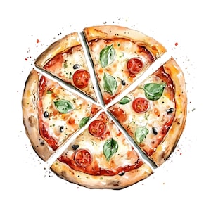 20 deliciosas pizzas, imágenes prediseñadas de comida rápida, acuarela imprimible, JPG de alta calidad, descarga digital imprimible, diario basura de papel S736