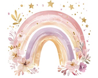 20 Boho Girl Rainbow Clipart, Cute Pink Purple Nursery Rainbow, Gold Foil, High Quality JPG, Digital Download, Paper Craft Junk Journal S710