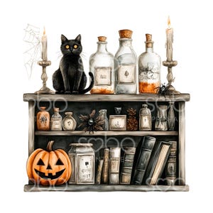 May include: A watercolor illustration of a Halloween-themed bookshelf. It features a black cat, candles, potion bottles, a jack-o'-lantern, and old books. The shelf is dark gray, and the overall aesthetic is vintage and spooky.