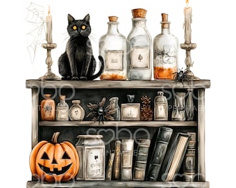 19 Clipart di una libreria con gatti spettrali, Clipart di libri spettrali di Halloween, Libreria spaventosa, JPG di alta qualità, Planner digitale, Download digitale U76