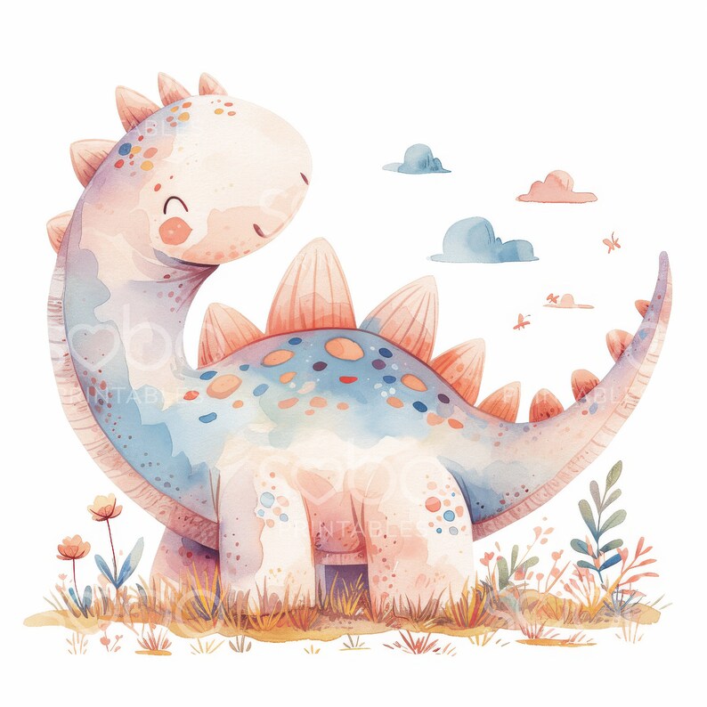 May include: A watercolor illustration of a cute, pink and blue dinosaur with a friendly expression. The dinosaur is standing in a field of grass with flowers and clouds in the background.