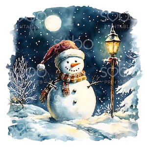 21 Snowman at Night Clipart, Cute Christmas Clipart, Christmas Card, High Quality JPGs, Digital Planner, Junk Journal, Digital Download S218