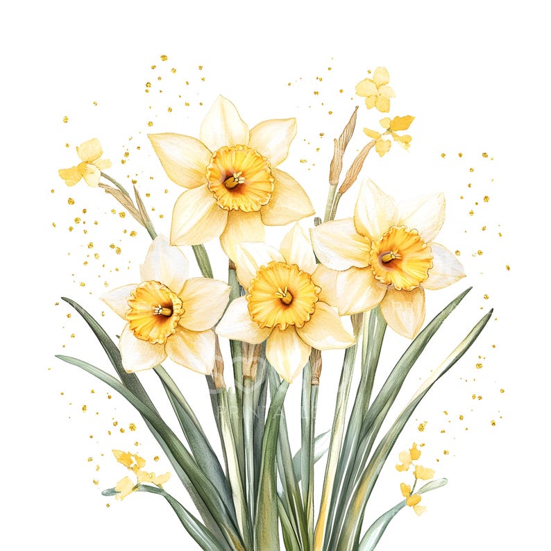 May include: A watercolor painting of a bouquet of yellow daffodils with green leaves and gold glitter. The flowers are arranged in a vase and the background is white.