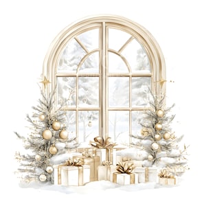 20 Gold Verschneite Weihnachten Fenster Clipart, Goldene Fensterdekoration, Printable Aquarell, hochwertige JPGs, Digital Download, Paper Craft S340