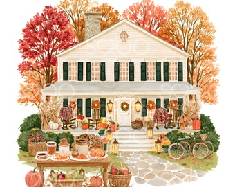 26 Thanksgiving Mansion Clipart, Autumn House Scenes, Cute Fall House, High Quality JPGs, Digital Download, Paper Craft U320