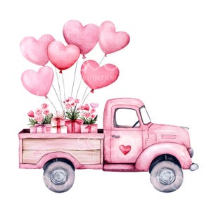 30 Valentines Day Truck Clipart, Pink Valentines Truck, Vintage Truck, High Quality JPGs, Watercolor Art, Digital Download, Paper Craft S378