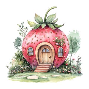 20 Clipart maison aux fraises, premier anniversaire des petits fruits, carte aux fraises, aquarelle imprimable, fichiers JPG de haute qualité, téléchargement numérique, créations en papier S896