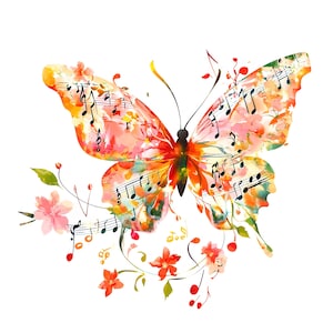 22 Clipart di note musicali a farfalla, arte murale floreale, clipart di acquerelli, JPG di alta qualità, download digitale, artigianato di carta, diario di scarto S523
