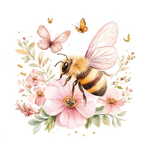 May include: Watercolor illustration of a bee with a fluffy body and striped abdomen, perched on a pink flower. Two butterflies and floral elements surround the bee. The artwork has a soft, pastel color palette with gold accents.
