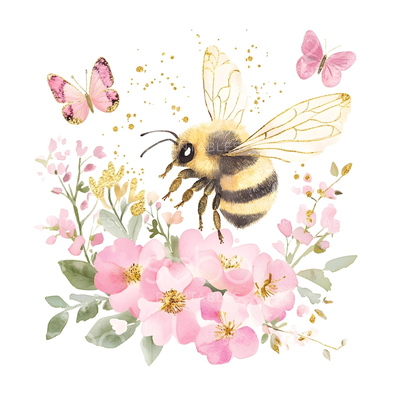May include: Watercolor illustration of a bee in flight, surrounded by pink flowers, butterflies, and gold accents. The bee has black and yellow stripes. The butterflies are pink with gold details. The flowers are pink and green.