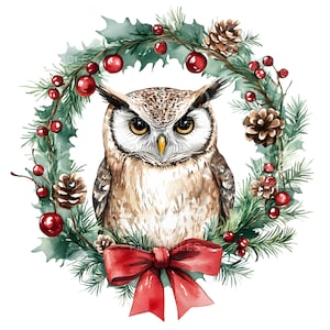 May include: A watercolor painting of an owl sitting in a Christmas wreath. The wreath is decorated with red berries, pine cones, and green leaves. The owl has brown and white feathers and yellow eyes. A red bow is tied at the bottom of the wreath.