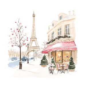 May include: A watercolor painting of a Parisian street scene with the Eiffel Tower in the background. A pink awning covers a cafe with tables and chairs set up outside. The cafe is decorated with flowers and greenery. The scene is set in winter with snow on the ground.