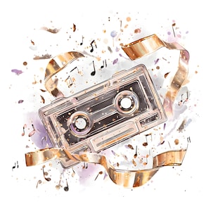 22 imágenes prediseñadas de cinta retro, imágenes prediseñadas de música, cinta de casete, acuarela imprimible, JPG de alta calidad, descarga digital, diario basura de manualidades de papel S548