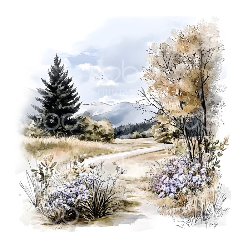May include: Watercolor painting of a serene landscape featuring a winding dirt road, lush greenery, and distant mountains. The artwork showcases a tall evergreen tree, wildflowers, and a cloudy sky, evoking a sense of tranquility.
