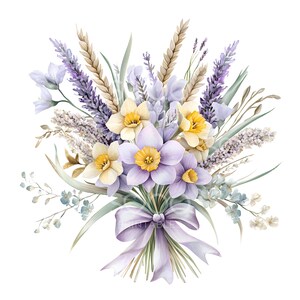May include: A watercolor painting of a bouquet of lavender, daffodils, and wheat tied with a purple ribbon.