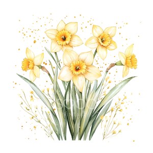 May include: A watercolor painting of a bouquet of yellow daffodils with green leaves and stems. The flowers are arranged in a cluster with a few small yellow flowers scattered around them.