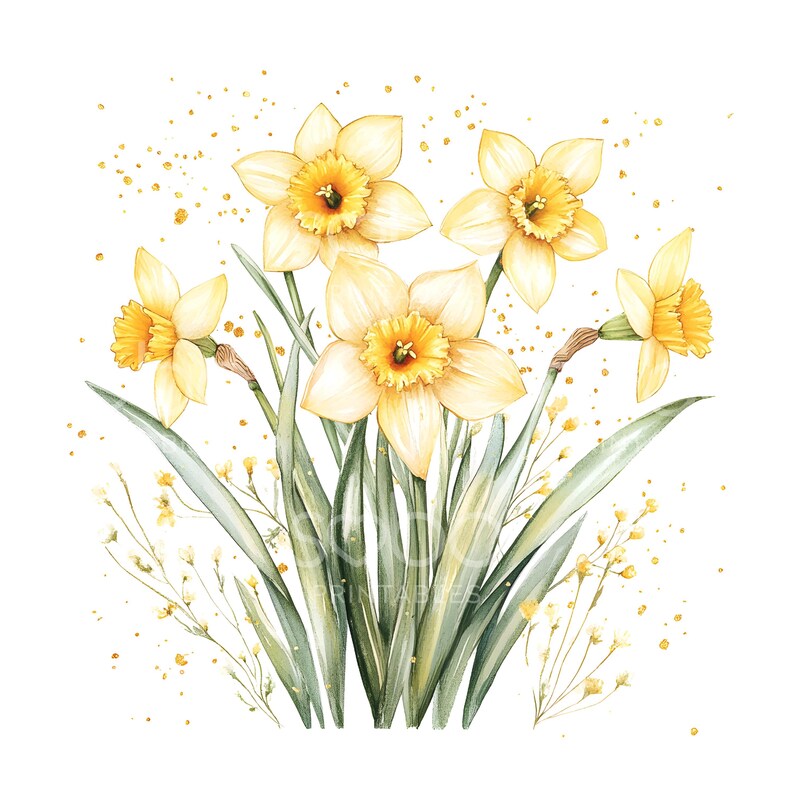 May include: A watercolor painting of a bouquet of yellow daffodils with green leaves and stems. The flowers are arranged in a cluster with a few small yellow flowers scattered around them.