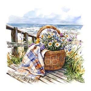 21 Basket Beach Clipart, Beach Clipart, Cozy Printable Watercolor Art, High Quality JPGs, Digital Download, Paper Craft, Junk Journal S825