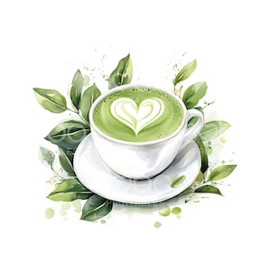 May include: Watercolor illustration of a matcha latte in a white teacup and saucer. The matcha is topped with a heart-shaped design. Green leaves and watercolor splashes surround the cup, set against a white background.