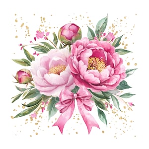 23 Pfingstrosen Schleife Clipart, Preppy Coquette Blumen, rosa Bänder, druckbares Aquarell, hochwertige JPGs, digitaler Download, Papierhandwerk S988