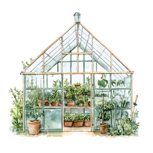 Clipart effet de serre, serre de jardin, maison florale, clipart aquarelle imprimable, fichiers JPG de haute qualité, téléchargement numérique, Junk Journal S567