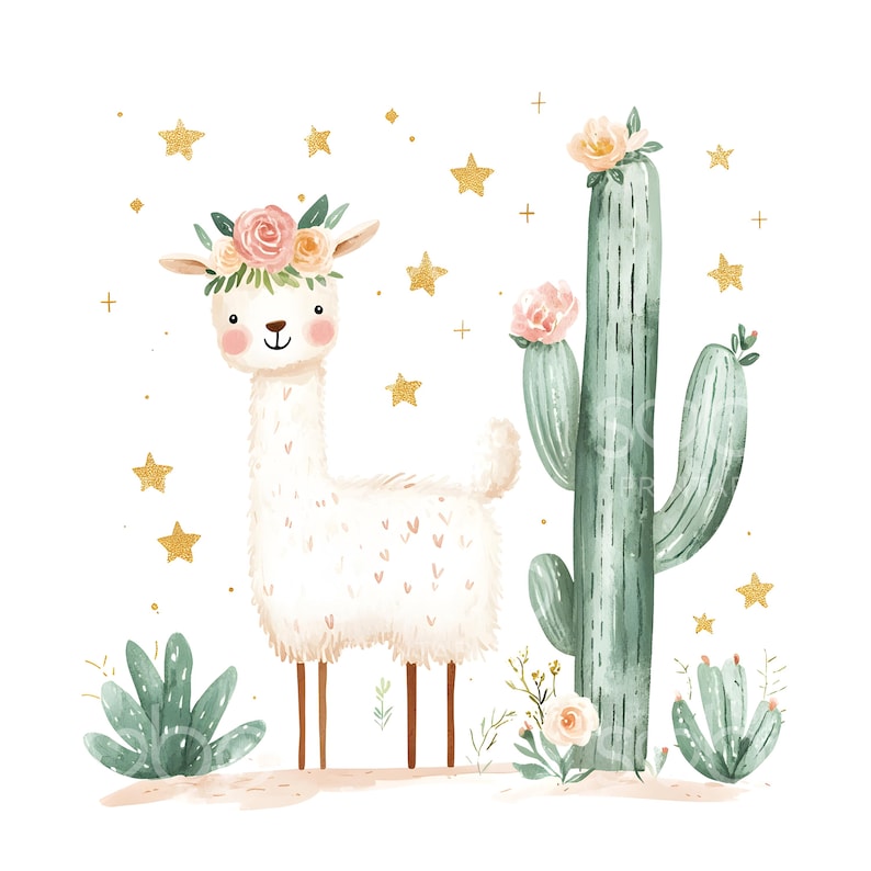 May include: A white llama with a pink and peach flower crown stands in front of a green cactus with pink flowers. Gold stars are scattered around the llama and cactus.