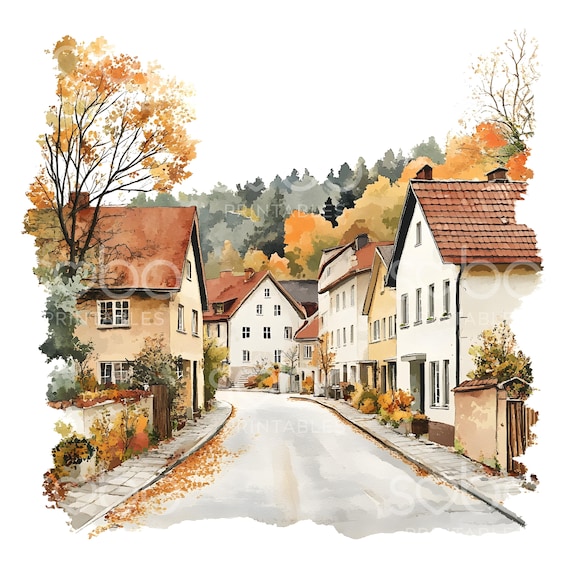 20 Autumn Street Clipart, Fall Autumn Clipart, Printable Watercolor Clipart, Wall Art, High Quality JPGs, Digital Download, Paper Craft S144