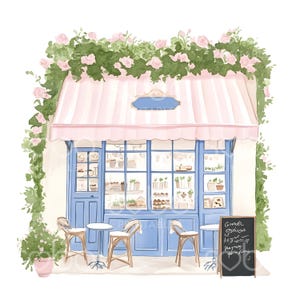 May include: A watercolor illustration of a small blue storefront with a pink awning and a sign that reads "G&acirc;teau, G&acirc;teau, G&acirc;teau, 1.50, 2.00, 2.50, Patty,  fleur de lis".  There are three tables and chairs outside the shop, and a lush green vine with pink flowers grows over the top of the building.