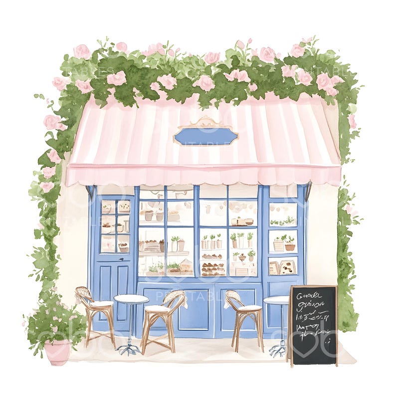 May include: A watercolor illustration of a small blue storefront with a pink awning and a sign that reads "G&acirc;teau, G&acirc;teau, G&acirc;teau, 1.50, 2.00, 2.50, Patty,  fleur de lis".  There are three tables and chairs outside the shop, and a lush green vine with pink flowers grows over the top of the building.