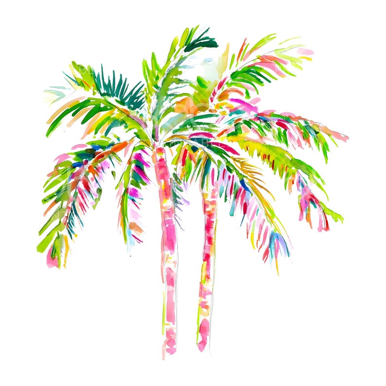May include: A watercolour painting of two palm trees with pink, green and blue leaves. The trees are painted in a stylised way, with the leaves flowing and overlapping.