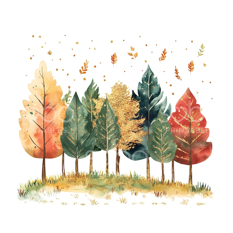 May include: Watercolor illustration of a forest scene with trees in shades of green, gold, orange, and red. The trees have gold accents and are set against a white background. Small gold flecks and leaves are scattered above.