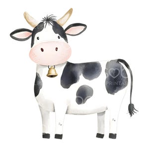 May include: Watercolor illustration of a cartoon cow with black spots on a white body. The cow has a pink nose, a gold bell around its neck, and small horns. The image is a digital art print.