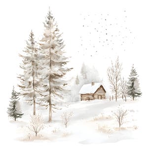 May include: Watercolor painting of a snowy winter landscape. Two tall, snow-covered pine trees stand in the foreground. A small wooden cabin with a snow-covered roof is nestled among other trees in the background. Snowflakes fall from the sky.