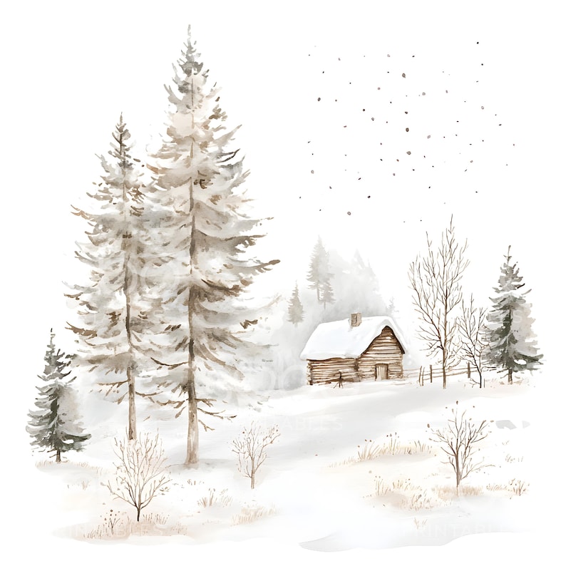 May include: Watercolor painting of a snowy winter landscape. Two tall, snow-covered pine trees stand in the foreground. A small wooden cabin with a snow-covered roof is nestled among other trees in the background. Snowflakes fall from the sky.