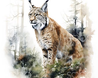 16 Lynx Clipart, Lynx in Forest, Animals, Printable Watercolor Clipart, High Quality JPGs, Digital Download, Paper Craft, Junk Journal S226